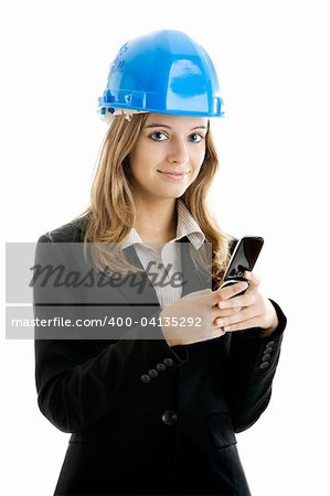 Beautiful female architect using a cellphone isolated on white