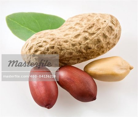 Peanut with pods and leaves on a white background.