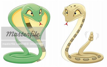 Two Snakes: Cobra and Pit Viper. Cartoon and vector reptiles