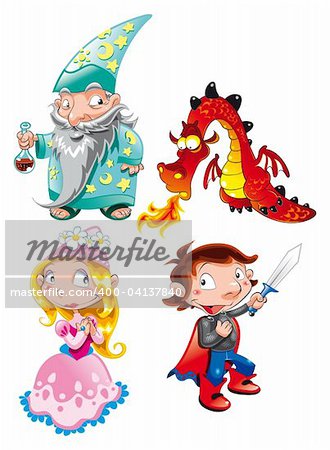 Medieval Age - Princess, Prince, Dragon, Magician. Cartoon and vector characters