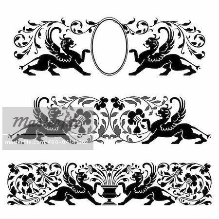 Antique floral ornaments with stylized animals, design elements, vector illustration with separated elements.
