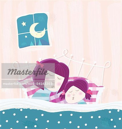 Mother and child are sleeping in bed during dark blue night. Cartoon vector Illustration.
