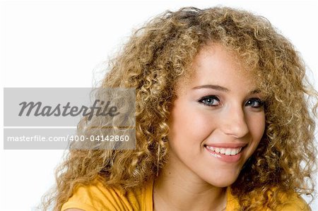 A pretty young woman with great curly hair on white background