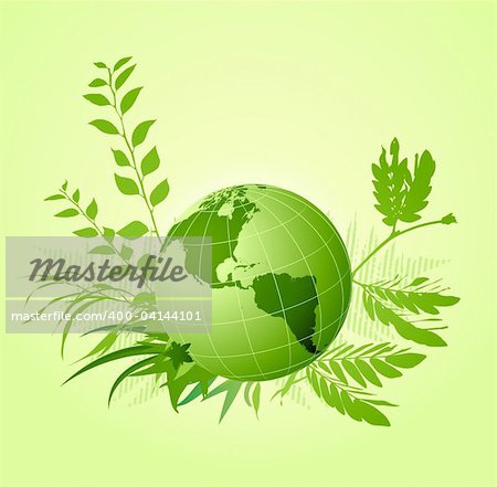 Vector  illustration of green floral ecological  Background with Earth planet, leaves and plants