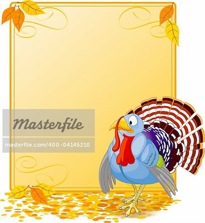 Cartoon turkey strutting with plumage. Elements are layered for easy editing.  Great for invitations, announcements, place cards, etc.