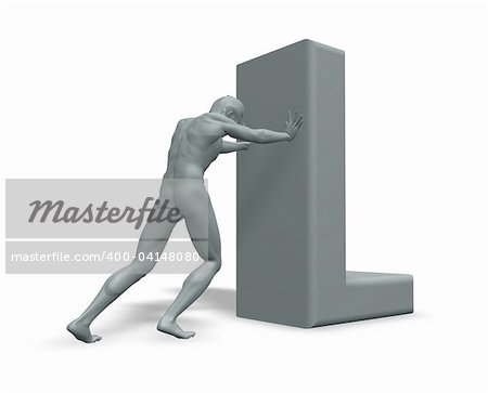 man figure pushes the letter L on white background - 3d illustration