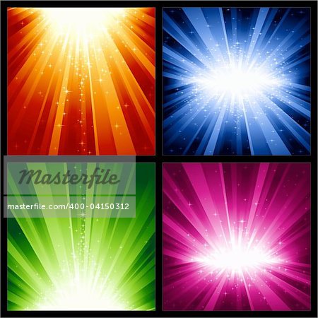 4 different light bursts with magic stars in 4 interchangeable color schemes of 7 global color swatches each. Artwork grouped and layered.