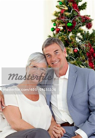 Portrait of mature couple celebrating Christmas at home