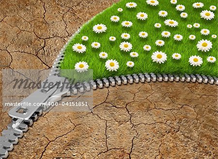 Zipper opening a flower field on dry ground - 3d rendered composite