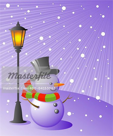 Snowman stands under a lamp on a snowy evening. EPS 8, AI, JPEG