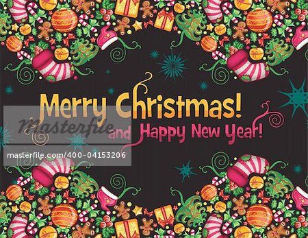 Cute Christmas frame with colorful christmas objects: Christmas tree, stocking, gift box with bow, christmas bell, holly, jingle bell, Christmas wreath, star, gingerbread man, Santa Claus hat, candy cane, apple,  gift bow, christmas decoration, snowflake, angel. With copyspace for your text