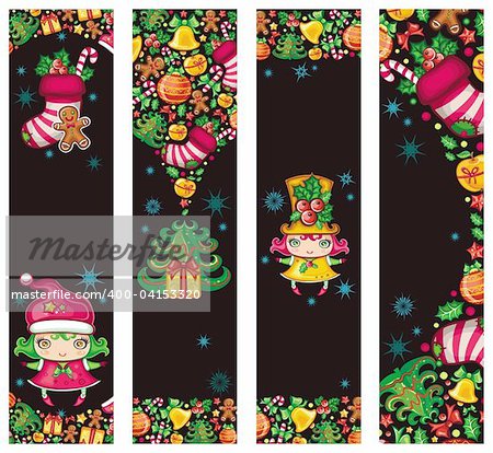 Christmas paper backgrounds with Christmas symbols: Santa Claus, holly, bag full of presents, bell, gingerbread cookie, Christmas stocking, star. With space for your text, on wooden texture.