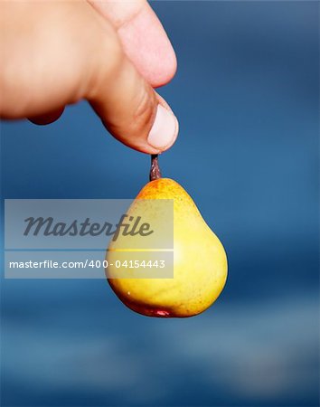 Hand holding a pear over sky background