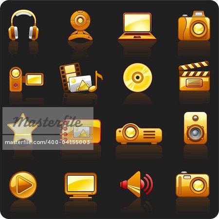 Set of icons on a theme Photo and Video_orange_black background