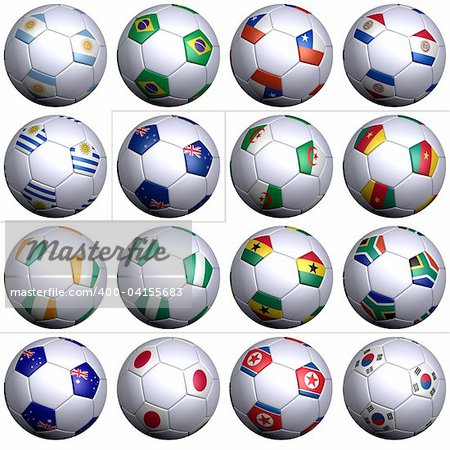 Sixteen soccer balls of Nations competing in the Soccer World cup in South Africa 2010. South America with five teams, Oceania,  Africa with six teams, and Asia with four teams in alphabetical order.