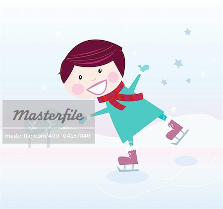 Small boy with big smile on frozen ice lake. Vector cartoon illustration.