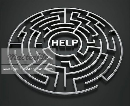 3d rendering of a maze with help written to symbolize searching for help