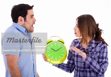 Women angry on her boyfriend for being late by showing the clock on a white background