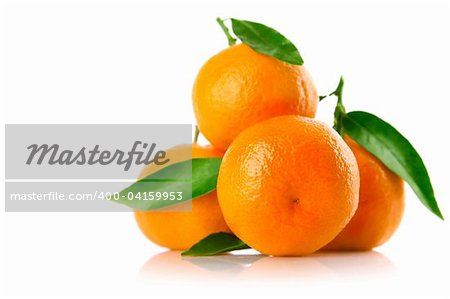 fresh tangerine fruits with green leaves isolated on white background