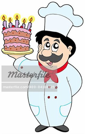 Cartoon chef with cake - vector illustration.
