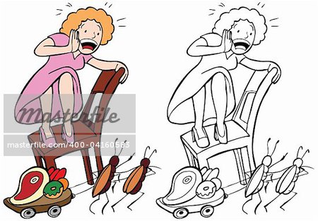 Cartoon image of a lady frightened by house pests - color and black/white versions.