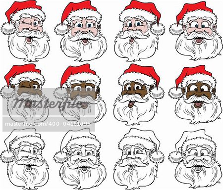 12 Santa Faces, Vector Illustration.