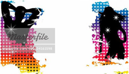 Grunge Background with Party Couple Silhouette with Stars