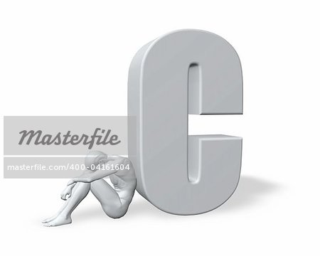sitting man leans on uppercase letter C - 3d illustration
