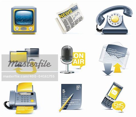 Set of global communication related icons in gray and yellow colours