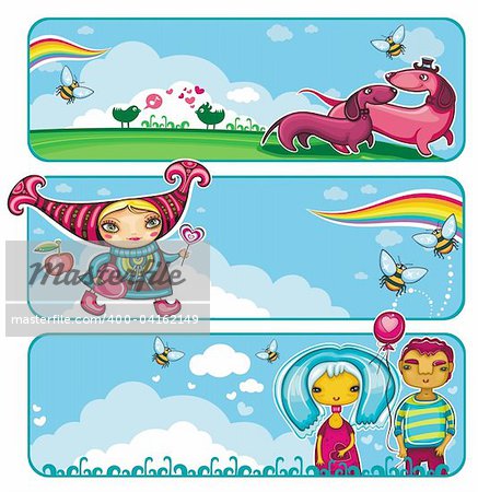 A set of colorful Valentine banners: Funny playful dogs, Cute girl with a heartshaped lollipop, A couple in love on a date.  Beautiful backgrounds with rainbow, birds, bees, flowers