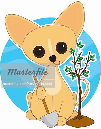 A cute Chihuahua  with his paw on on a shovel and a newly planted tree