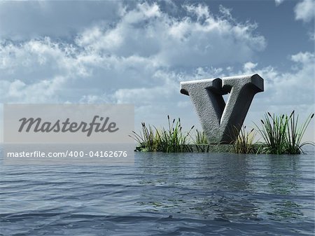 letter v monument in water landscape - 3d illustration