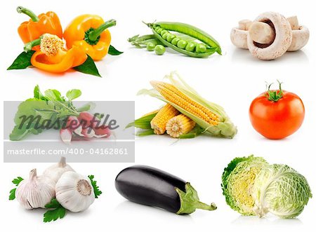 set fresh vegetables with green leaves isolated on white background
