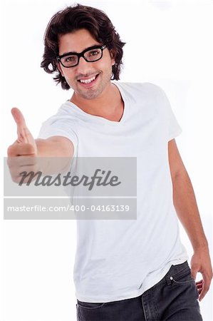 Causal man giving thumsup in white background