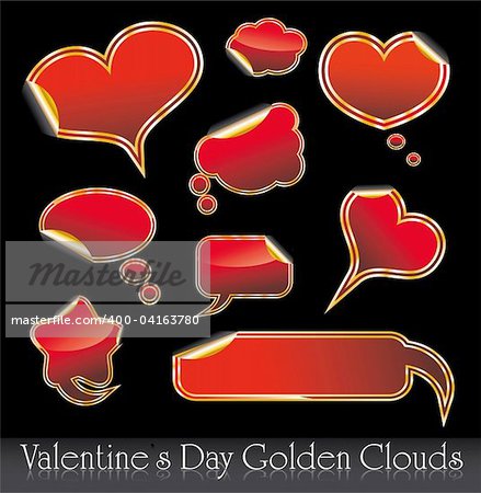 Set of Valentine's Day Red and Gold Hearts and Clouds stickers