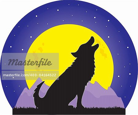 A silhouette of a wolf howling at a large yellow moon on a starry night