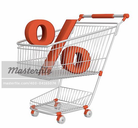 Symbol of percentage in shopping cart. Isolated over white