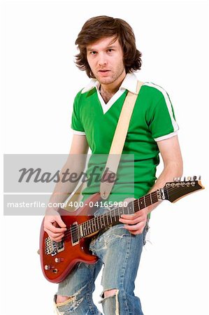 Guitar player playing his guitar over white background