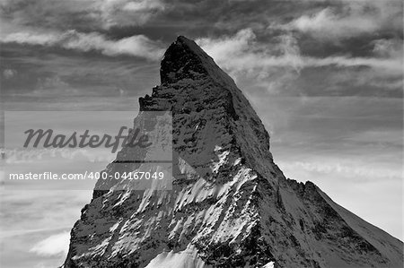 matterhorn above zermatt, switzerland in black-white.