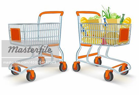 full and empty shopping carts from supermarket store - vector illustration, isolated on white background