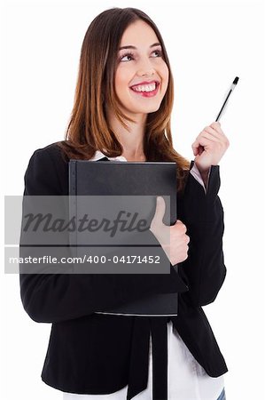 Business women carrying her file and thinking by raising her pen upwards on a white background