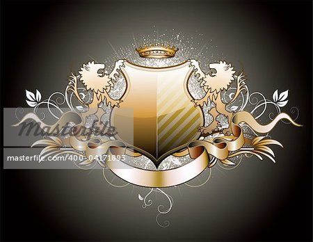 Vector illustration of heraldic shield or badge with two lions, crown, banner and floral elements