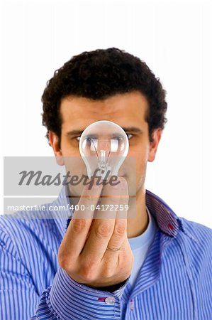 man with light bulb on hand - focus on lamp