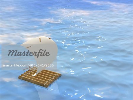 3d self-made wooden raft with sail from a paper