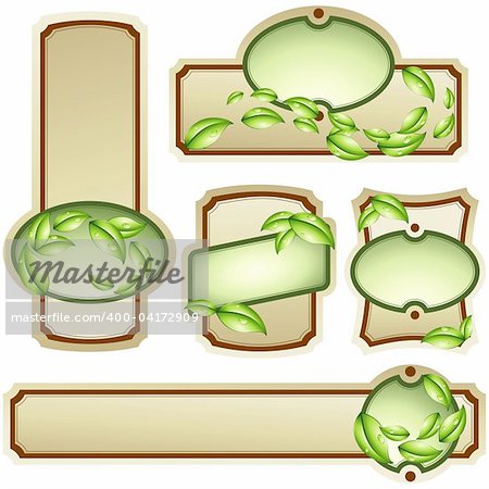 Collection of five elegant labels with an environmental design. Graphics are grouped and in several layers for easy editing. The file can be scaled to any size.