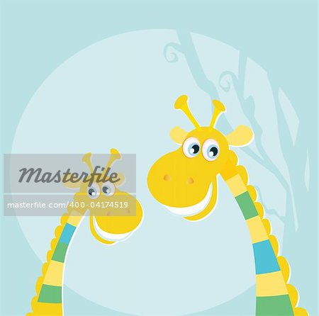 Vector illustraton of happy giraffes in the jungle. Vector characters.