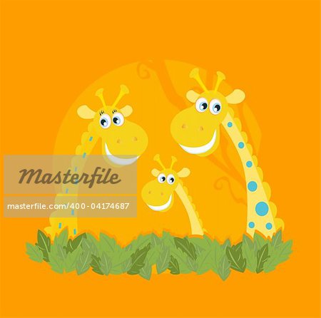 Vector Illustration of giraffe family. Funny animal characters in retro style.