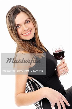 Portrait of beautiful woman with glass red wine on a whate background