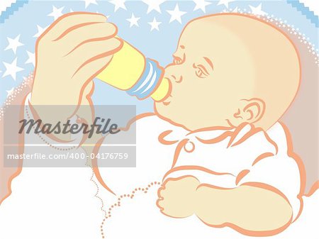 illustration drawing of a lovely baby is drinking milk