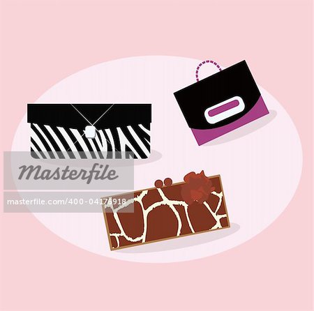 3 beautiful hand bags with zebra, giraffe and black texture. Vector Illustration.